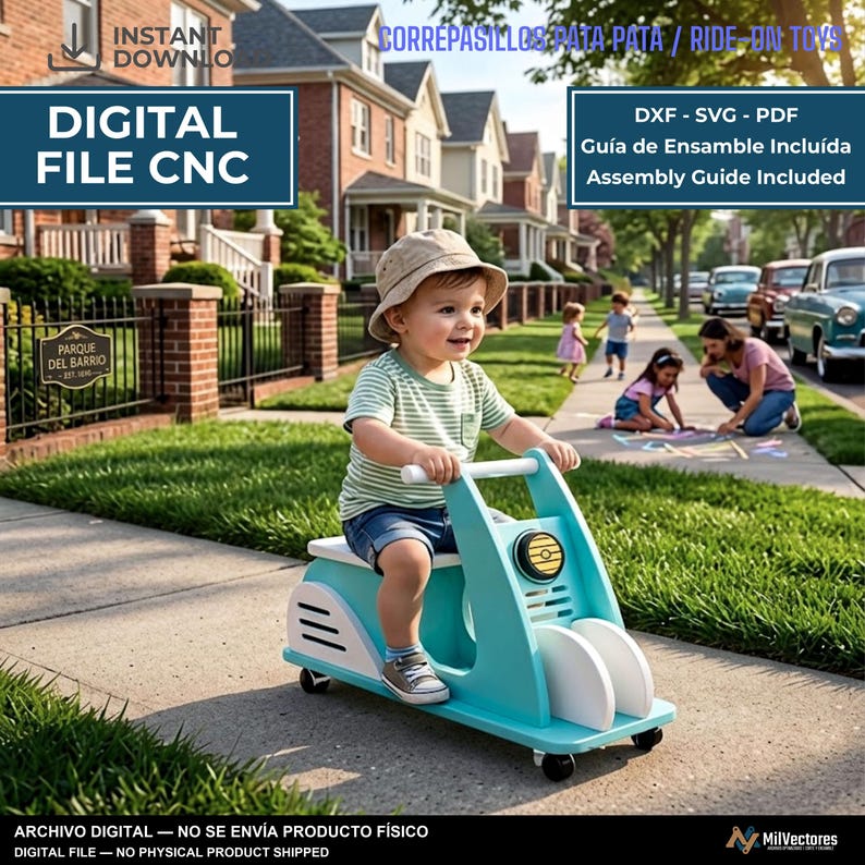 May include: A teal and white wooden ride-on toy scooter with a circular yellow headlight detail. The digital file includes DXF, SVG, and PDF formats with an assembly guide. Text on the image reads: DIGITAL FILE CNC, CORREPASILLOS PATA PATA / RIDE-ON TOYS, DXF - SVG - PDF, Gu&iacute;a de Ensamble Inclu&iacute;da, Assembly Guide Included, ARCHIVO DIGITAL - NO SE ENV&Iacute;A PRODUCTO F&Iacute;SICO, DIGITAL FILE - NO PHYSICAL PRODUCT SHIPPED.