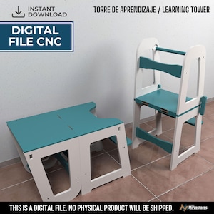 Puede incluir: Un archivo digital para máquina CNC para crear una torre de aprendizaje de madera blanca y azul verdoso que se convierte en mesa y silla. El texto en la imagen dice: INSTANT DOWNLOAD, DIGITAL FILE CNC, TORRE DE APRENDIZAJE / LEARNING TOWER.