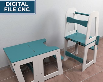 Montessori Learning Tower Plans | Transformable Kitchen Stool & Desk | Kids Helper Tower | CNC Router DXF SVG | 2-in-1 Learning Table File