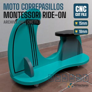 K&ouml;nnte beinhalten: Ein t&uuml;rkises und dunkelgraues Holz-Rutschfahrzeug mit schwarzen Griffen und einem schwarzen Sitz. Der Text MOTO CORREPASILLOS MONTESSORI RIDE-ON CNC CUT FILE ist sichtbar, zusammen mit Symbolen f&uuml;r 15mm und 18mm Materialst&auml;rke und Dateiformate.