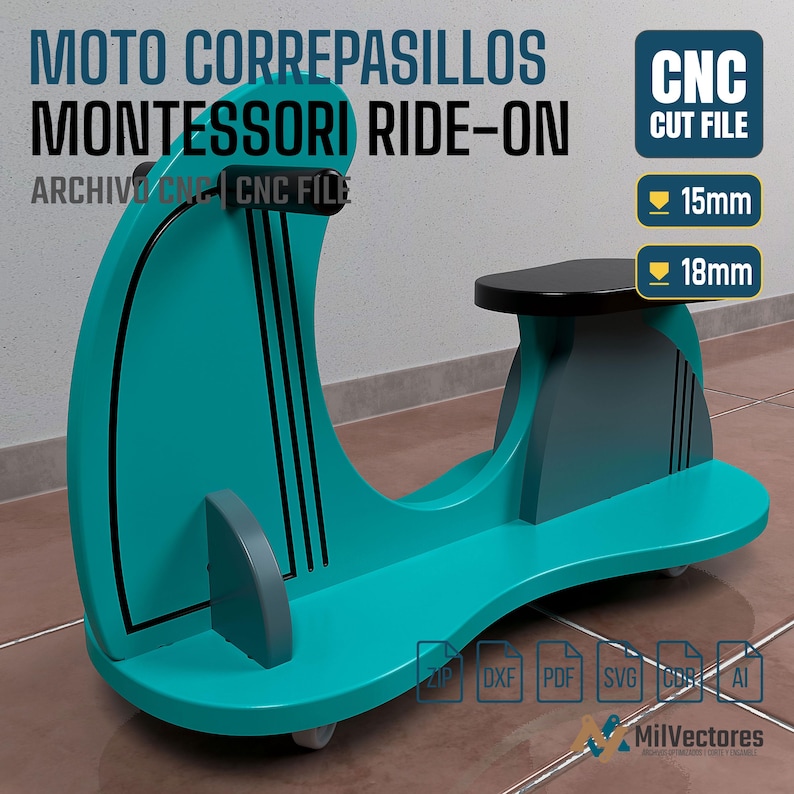 K&ouml;nnte beinhalten: Ein t&uuml;rkises und dunkelgraues Holz-Rutschfahrzeug mit schwarzen Griffen und einem schwarzen Sitz. Der Text MOTO CORREPASILLOS MONTESSORI RIDE-ON CNC CUT FILE ist sichtbar, zusammen mit Symbolen f&uuml;r 15mm und 18mm Materialst&auml;rke und Dateiformate.