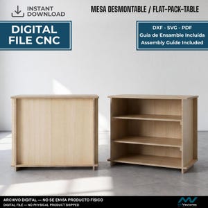 Pode incluir: Um arquivo digital para uma mesa desmontável com acabamento em madeira clara. A imagem mostra duas vistas da mesa: uma com o painel lateral sólido e outra revelando três prateleiras internas. O texto inclui "DIGITAL FILE CNC" e "Assembly Guide Included".
