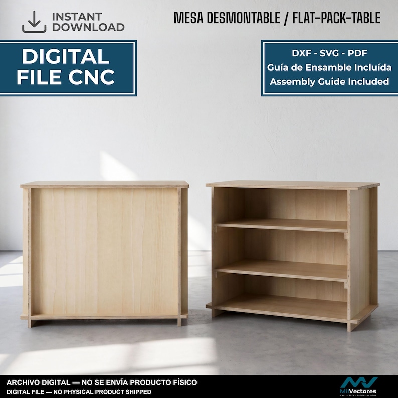May include: A digital file for a flat-pack table, featuring a light wood finish. The image displays two views of the table: one showing the solid side panel and the other revealing three interior shelves. Text includes "DIGITAL FILE CNC" and "Assembly Guide Included".