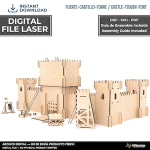 Op de afbeelding: Een digitaal lasersnijbestand voor een houten kasteelmodel met een centrale toren, versterkte muren, een valhek, een katapult en een belegeringstoren. De tekst luidt INSTANT DOWNLOAD, DIGITAL FILE LASER, FUERTE-CASTILLO-TORRE / CASTLE-TOWER-FORT, DXF - SVG - PDF, Guía de Ensamble Incluída, Assembly Guide Included, ARCHIVO DIGITAL — NO SE ENVÍA PRODUCTO FÍSICO, DIGITAL FILE — NO PHYSICAL PRODUCT SHIPPED.