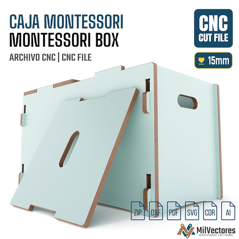 May include: A light blue Montessori box with a removable lid, featuring cut-out handles on the sides. The box is designed for 15mm material thickness. Text on the image includes CAJA MONTESSORI MONTESSORI BOX, CNC CUT FILE, 15mm, and file formats ZIP, DXF, PDF, SVG, CDR, AI.