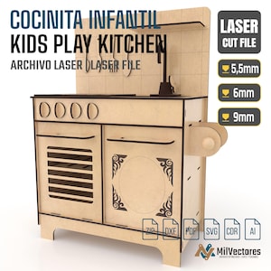 May include: A light-coloured wooden play kitchen laser cut file featuring a stove, oven, sink, and utensil rack. The design includes text labels for kids play kitchen and material thickness options of 5.5mm, 6mm, and 9mm with file format icons.