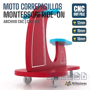May include: A red ride-on toy with blue handlebars and a blue seat, featuring white line details. Text includes MOTO CORREPASILLOS MONTESSORI RIDE-ON, CNC CUT FILE, and 12mm, 15mm, 18mm. File formats ZIP, DXF, PDF, SVG, CDR, and AI are listed.