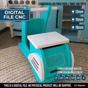 May include: A digital CNC file for a turquoise and white wooden ride-on toy scooter. The design features a white seat, a handlebar, and a side panel with the text Vespa. The file includes options for 12mm, 15mm, and 18mm material thicknesses.