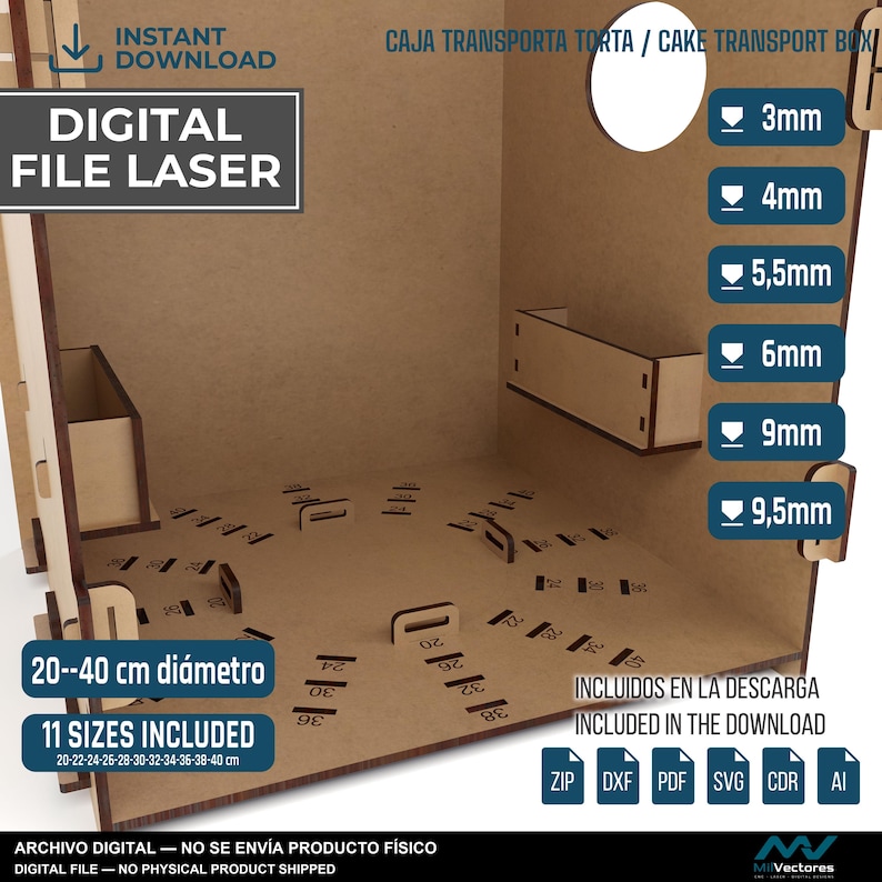 May include: A laser-cut wooden cake transport box with a circular top opening. The base features slots labeled with measurements from 20 to 40 cm. Text includes DIGITAL FILE LASER, CAJA TRANSPORTA TORTA, and 11 SIZES INCLUDED. File formats ZIP, DXF, PDF, SVG, CDR, and AI are listed.
