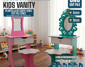 Kids Vanity Set with Stool | Montessori Makeup Desk & Mirror | Router CNC DXF SVG | Plywood Toy Furniture | Children's Digital Download