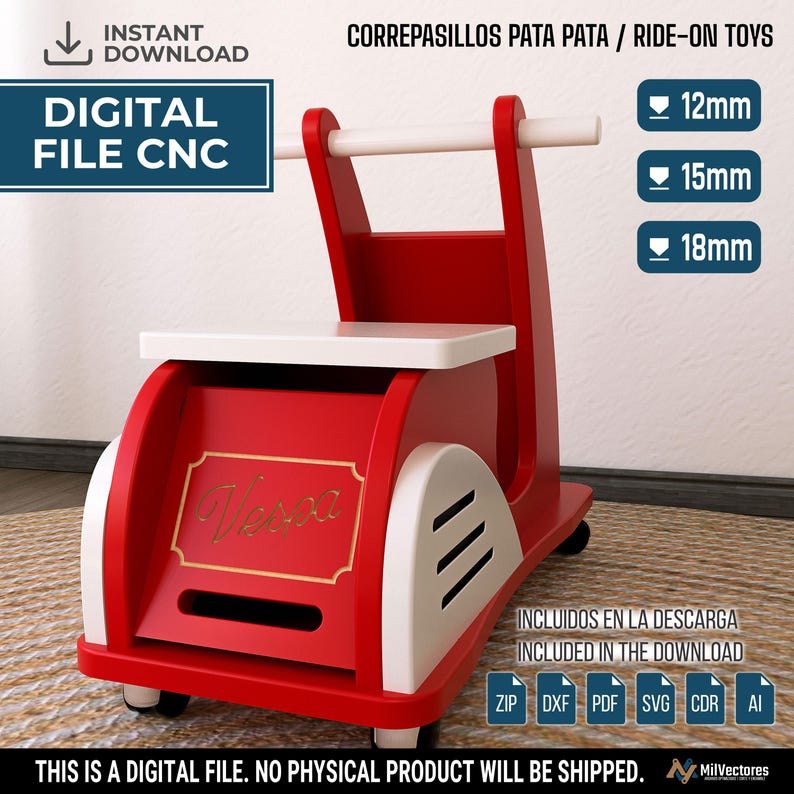 May include: A red and white wooden ride-on toy with a white seat and handlebar. The front panel features the text Vespa in gold script. The digital file includes 12mm, 15mm, and 18mm thickness options for CNC cutting, with ZIP, DXF, PDF, SVG, CDR, and AI formats.