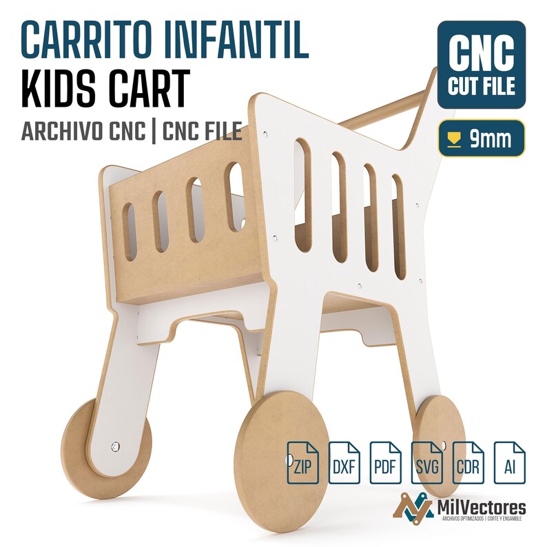 Op de afbeelding: Een digitaal ontwerp voor een kinderwagen, bestaande uit een witte en lichtbruine houten structuur met verticale zijlatten en vier ronde wielen. De afbeelding bevat de tekst CARRITO INFANTIL KIDS CART, CNC CUT FILE en 9mm.