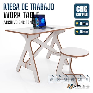 May include: A white work table and matching stool with a brown edge, designed for CNC cutting. The table has a slot for a laptop. The text on the image says "WORK TABLE" and "CNC CUT FILE". The table is available in 15mm and 18mm thicknesses.