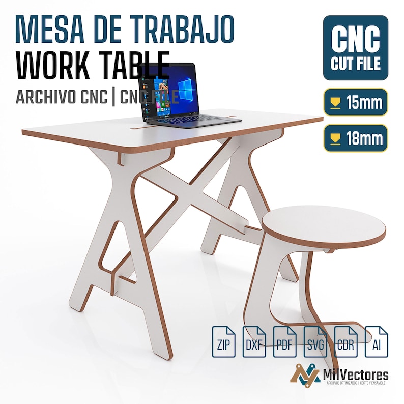 May include: A white work table and matching stool with a brown edge, designed for CNC cutting. The table has a slot for a laptop. The text on the image says "WORK TABLE" and "CNC CUT FILE". The table is available in 15mm and 18mm thicknesses.