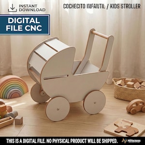Puede incluir: Un cochecito de juguete de madera clara y color blanco con un marco curvo, cuatro ruedas circulares y un asa. La imagen incluye el texto INSTANT DOWNLOAD, DIGITAL FILE CNC y COCHECITO INFANTIL / KIDS STROLLER, indicando un archivo de diseño digital.