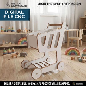 Può includere: Un carrello della spesa giocattolo in legno bianco con maniglia e quattro ruote, progettato come file digitale per macchine CNC. Il carrello presenta una struttura a cestello con pannelli laterali aperti e un ripiano inferiore.