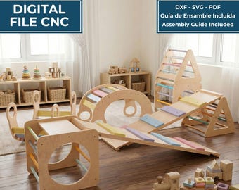 May include: A digital file for a Montessori playground set featuring a wooden climbing arch, a triangular climbing frame, a ramp, and a cube structure with pastel-colored rungs. The image includes text labels such as DIGITAL FILE CNC, PLAZA MONTESSORI, and ASSEMBLY GUIDE INCLUDED.