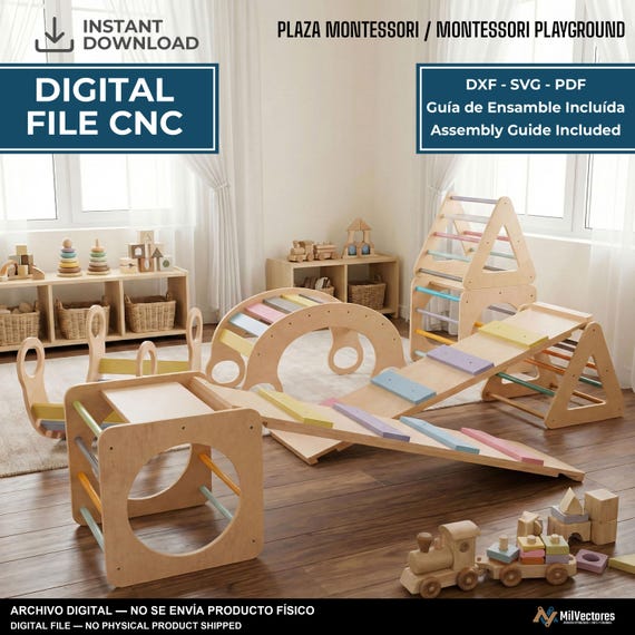 Planos de juego de escalada Montessori: Cubo, Triángulo, arco y rampa de tobogán - Gimnasio infantil interior - archivos digitales, dxf, pdf