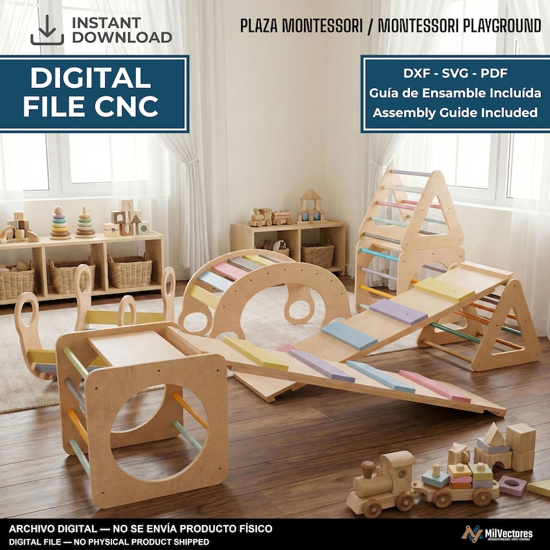 Pu&ograve; includere: Un file digitale per un set da gioco Montessori che include un arco da arrampicata in legno, una struttura triangolare, una rampa e un cubo con pioli color pastello. L'immagine include testi come DIGITAL FILE CNC, PLAZA MONTESSORI e ASSEMBLY GUIDE INCLUDED.