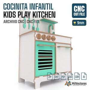 May include: A wooden kids play kitchen CNC cut file with white and mint green panels, featuring four knobs, a faucet, and hanging utensils. The design includes text reading COCINITA INFANTIL KIDS PLAY KITCHEN, CNC CUT FILE, and 9mm.