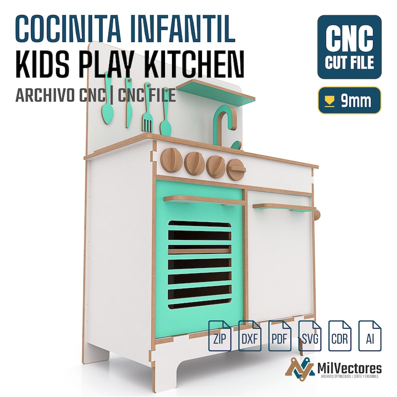 May include: A wooden kids play kitchen CNC cut file with white and mint green panels, featuring four knobs, a faucet, and hanging utensils. The design includes text reading COCINITA INFANTIL KIDS PLAY KITCHEN, CNC CUT FILE, and 9mm.