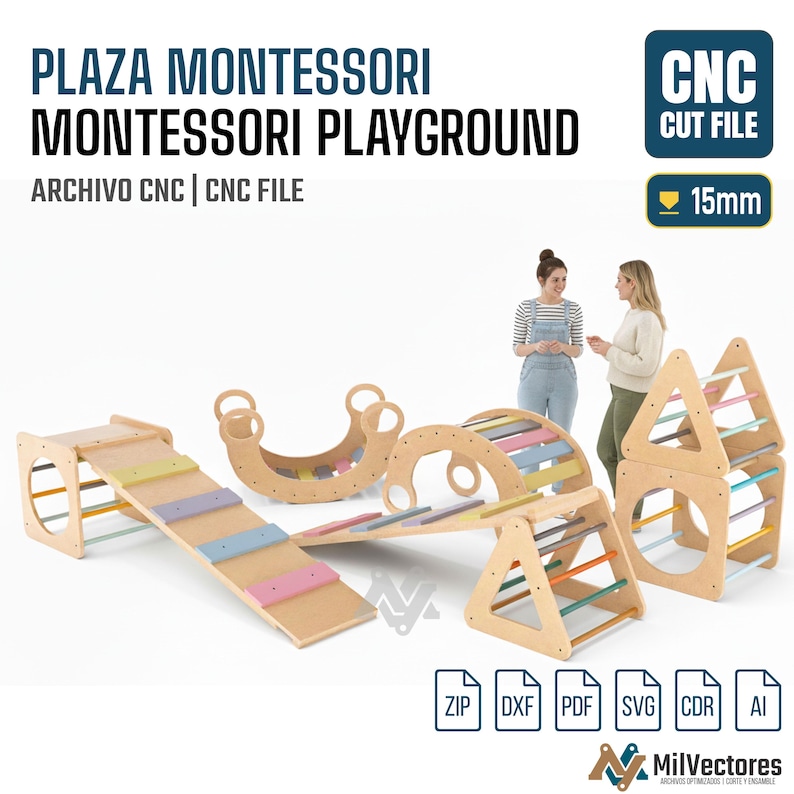 Pu&ograve; includere: Un set di attrezzature da parco giochi Montessori in legno che include una rampa, un dondolo, un arco e un triangolo da arrampicata. I pezzi hanno telai in legno chiaro con pioli color pastello. Testo: PLAZA MONTESSORI, CNC CUT FILE, 15mm.