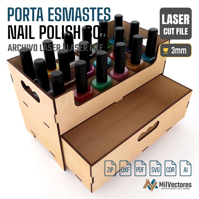 May include: A light-colored wooden nail polish organizer with a tiered design and a pull-out drawer. The unit features multiple slots for bottles and includes text labels like PORTA ESMALTES, NAIL POLISH, and 3mm, indicating a laser cut file design.