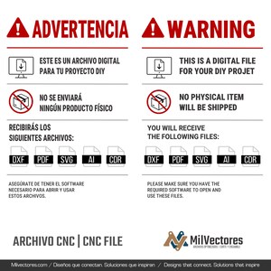 May include: A digital file information graphic featuring red warning icons and text in Spanish and English. It lists file formats including DXF, PDF, SVG, AI, and CDR, and states that no physical item will be shipped for this DIY project.
