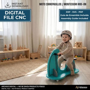 K&ouml;nnte beinhalten: Eine digitale Datei f&uuml;r eine CNC-Maschine zur Herstellung eines teal- und graufarbenen Holz-Rutschautos. Der Text enth&auml;lt MOTO CORREPASILLOS / MONTESSORI RIDE-ON, DXF - SVG - PDF, Gu&iacute;a de Ensamble Inclu&iacute;da, Assembly Guide Included und DIGITAL FILE CNC.