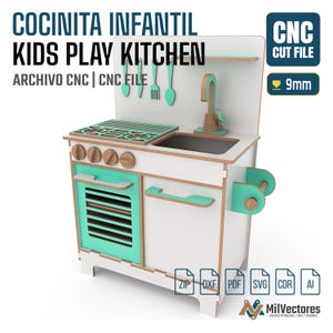 May include: A wooden kids play kitchen CNC cut file with white and mint green panels. The unit features a stovetop, sink, faucet, oven door, cabinet, and hanging utensils. Text includes COCINITA INFANTIL KIDS PLAY KITCHEN, CNC CUT FILE, 9mm.