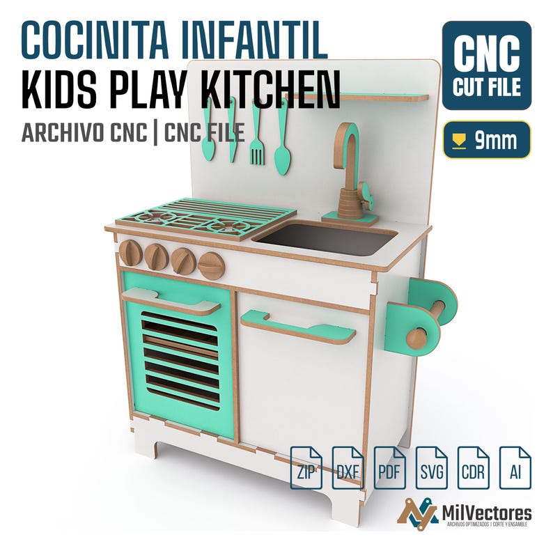 May include: A wooden kids play kitchen CNC cut file with white and mint green panels. The unit features a stovetop, sink, faucet, oven door, cabinet, and hanging utensils. Text includes COCINITA INFANTIL KIDS PLAY KITCHEN, CNC CUT FILE, 9mm.