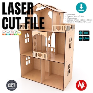 Domek dla lalek do cięcia laserowego (2) o grubości 3 mm i 5,5 mm, duże lalki, prace z drewna, pobieranie cyfrowe, pliki SVG, DXF