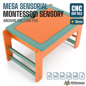 May include: A digital rendering of a sensory table featuring an orange central panel surrounded by a teal frame. The table has orange legs and teal horizontal support bars. Text reads MESA SENSORIAL MONTESSORI SENSORY, CNC CUT FILE, 18mm.