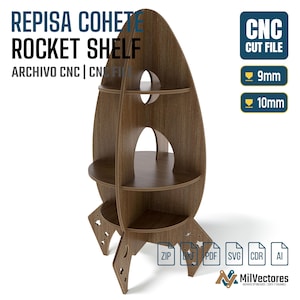 May include: A brown wood-grain rocket-shaped shelf with three circular tiers and star-shaped cutouts on the base. Text includes REPISA COHETE ROCKET SHELF, CNC CUT FILE, 9mm, 10mm, ZIP, DXF, PDF, SVG, CDR, AI, and MilVectores logo.