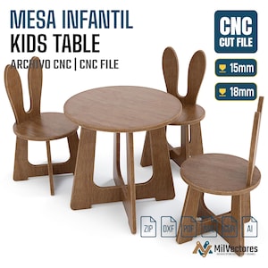 K&ouml;nnte beinhalten: Ein Kindertisch aus Holz mit drei St&uuml;hlen, deren R&uuml;ckenlehnen wie Hasenohren geformt sind. Das Set enth&auml;lt die Texte MESA INFANTIL, KIDS TABLE, ARCHIVO CNC, CNC FILE, Symbole f&uuml;r 15mm und 18mm St&auml;rke sowie Dateiformate ZIP, DXF, PDF, SVG, CDR und AI.