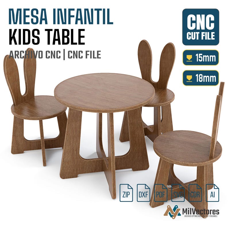 K&ouml;nnte beinhalten: Ein Kindertisch aus Holz mit drei St&uuml;hlen, deren R&uuml;ckenlehnen wie Hasenohren geformt sind. Das Set enth&auml;lt die Texte MESA INFANTIL, KIDS TABLE, ARCHIVO CNC, CNC FILE, Symbole f&uuml;r 15mm und 18mm St&auml;rke sowie Dateiformate ZIP, DXF, PDF, SVG, CDR und AI.