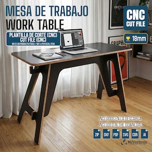 Puede incluir: Mesa de trabajo negra con borde y patas de madera clara. Encima hay un portátil, un cuaderno y bolígrafos. El texto de la imagen dice "WORK TABLE" y "CNC CUT FILE 18mm". La imagen también incluye iconos de tipo de archivo.