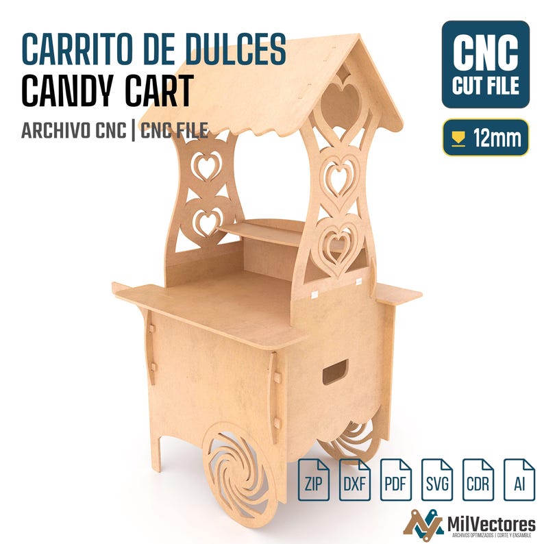 May include: A light-colored wooden candy cart CNC cut file with a roof, heart-shaped side cutouts, and wheels. The image includes text reading CARRITO DE DULCES CANDY CART, ARCHIVO CNC | CNC FILE, CNC CUT FILE, and 12mm, plus file format icons.