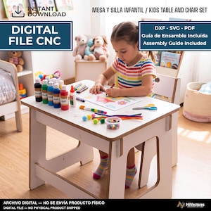 May include: A white wooden kids table and chair set featuring a digital file CNC design. The table surface holds various art supplies including paint bottles, brushes, and craft items. Text on the image includes DIGITAL FILE CNC and ASSEMBLY GUIDE INCLUDED.