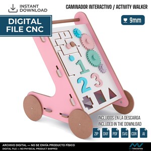 May include: A digital CNC file for an interactive activity walker featuring a pink frame, brown wheels, and a white activity board. The board includes colorful gears, numbers 1, 2, and 3, and various geometric shapes. Text includes 9mm, Digital File CNC, and Activity Walker.