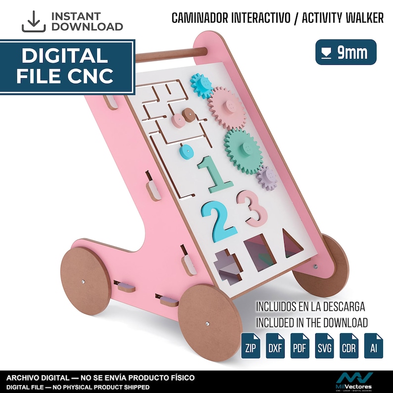 May include: A digital CNC file for an interactive activity walker featuring a pink frame, brown wheels, and a white activity board. The board includes colorful gears, numbers 1, 2, and 3, and various geometric shapes. Text includes 9mm, Digital File CNC, and Activity Walker.
