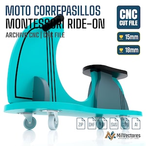 K&ouml;nnte beinhalten: Ein t&uuml;rkisfarbenes und dunkelgraues Holz-Rutschauto mit schwarzem Lenker und vier Lenkrollen. Der Text MOTO CORREPASILLOS MONTESSORI RIDE-ON ist sichtbar, ebenso wie CNC CUT FILE, 15mm, 18mm und Dateiformat-Symbole f&uuml;r ZIP, DXF, PDF, SVG, CDR und AI.