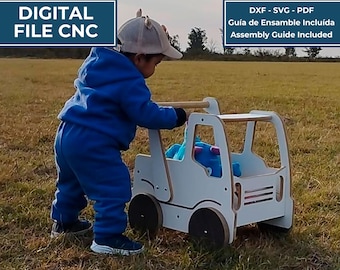 May include: A white wooden push cart with a handle and wheels, featuring text that reads CARRITO DE EMPUJE / PUSH CART, DIGITAL FILE CNC, DXF - SVG - PDF, Guía de Ensamble Incluida, Assembly Guide Included, and ARCHIVO DIGITAL - NO SE ENVÍA PRODUCTO FÍSICO.
