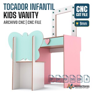 May include: A digital CNC cut file for a kids vanity set featuring a pink desk with a light blue drawer, a heart-shaped handle, and a mirror frame with light fixtures. Includes a chair with a light blue butterfly-shaped backrest. Text: 9mm.