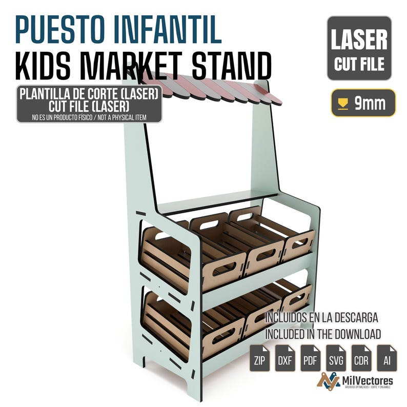 May include: A digital laser cut file for a kids market stand, featuring a light blue frame with a striped awning and two tiers of wooden crates. The design includes text labels like Kids Market Stand and 9mm, with file formats ZIP, DXF, PDF, SVG, CDR, and AI.