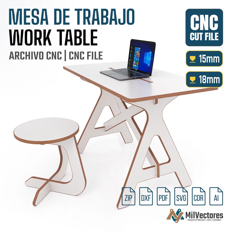 May include: A white work table and matching stool with brown trim, and a laptop. The table has a unique A-frame design. Text on the image reads "WORK TABLE" and "CNC CUT FILE". Includes file formats: ZIP, DXF, PDF, SVG, CDR, and AI.