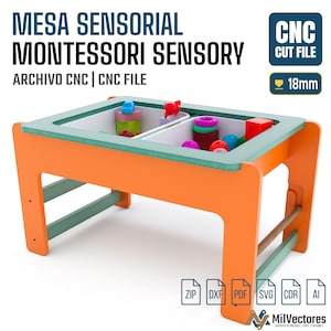 May include: A sensory table with an orange frame and a green top featuring two white bins filled with colorful geometric shapes and toys. The text MESA SENSORIAL MONTESSORI SENSORY ARCHIVO CNC CNC FILE and CNC CUT FILE 18mm are visible along with file format icons ZIP, DXF, PDF, SVG, CDR, and AI.