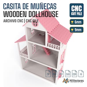 Peut inclure: Une maison de poup&eacute;e en bois &agrave; trois &eacute;tages avec un toit rose festonn&eacute;, des murs blancs et des pi&egrave;ces ouvertes. La structure comprend un balcon avec des balustrades en forme de c&oelig;ur, un escalier et des fen&ecirc;tres. Texte : CASITA DE MU&Ntilde;ECAS WOODEN DOLLHOUSE, CNC CUT FILE, 6mm, 9mm, ZIP, DXF, PDF, SVG, CDR, AI, MilVectores.