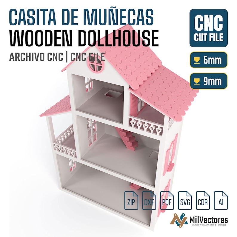Peut inclure: Une maison de poup&eacute;e en bois &agrave; trois &eacute;tages avec un toit rose festonn&eacute;, des murs blancs et des pi&egrave;ces ouvertes. La structure comprend un balcon avec des balustrades en forme de c&oelig;ur, un escalier et des fen&ecirc;tres. Texte : CASITA DE MU&Ntilde;ECAS WOODEN DOLLHOUSE, CNC CUT FILE, 6mm, 9mm, ZIP, DXF, PDF, SVG, CDR, AI, MilVectores.