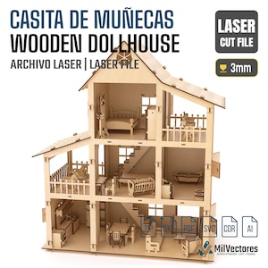 May include: A three-story wooden dollhouse laser cut file with 3mm material thickness. The structure features multiple rooms, including a kitchen, dining area, bedroom, and balcony, with miniature furniture pieces like a bed, crib, and bathtub.